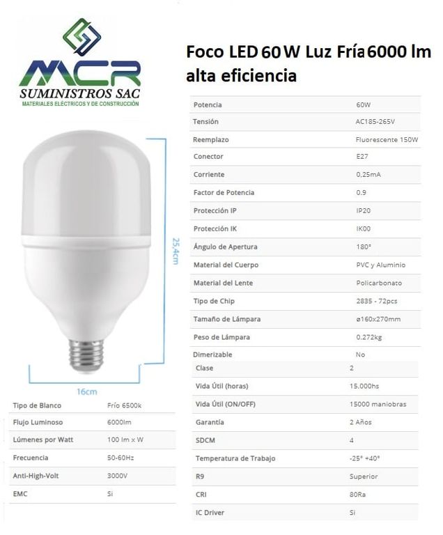 Foco LED 60W Luz Fría 6000lm alta eficiencia