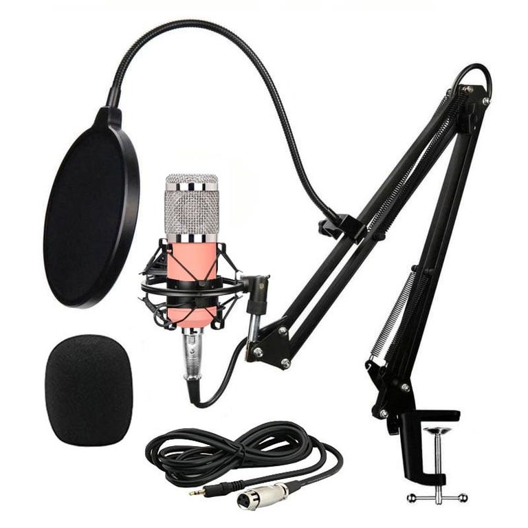 Micrófono condensador BM800 XLR 2m + brazo soporte y filtro - rosado