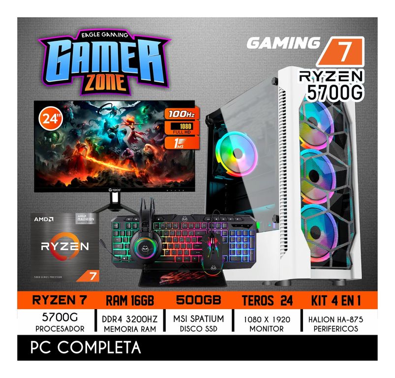 Computadora Completa Ryzen 7 5700G RAM 16GB DISCO 500GB SSD MONITOR 24" 100HZ