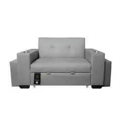 BARAKA HOME - Sofá Cama Madison 1.5 Plz con Portavaso + Puff - Gris Claro