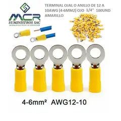 GENERICO - TERMINAL OJAL AMARILLO AISLADO DE 12 A 10AWG (4-6MM2) OJO 1/4" 100UND