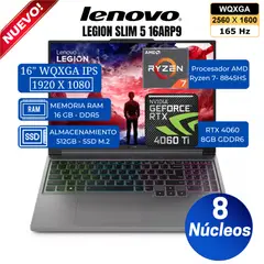 Laptop Legion slim 5 16AHP9, 16” WQXGA IPS, RYZEN 7-8845HS, Ram 16GB, Ssd 512GB,Rtx 4060, Free Dos
