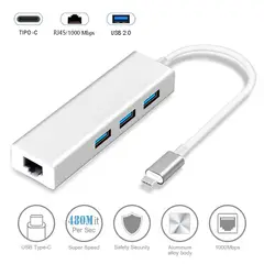 OEM - Adaptador HUB ALUMINIO Tipo C a RJ45 LAN 1000 Mbps + 3 Puertos USB 2.0