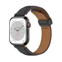 GENERICO - Correa De Cuero Para Apple Watch 42-44-45-49mm Negro Gold