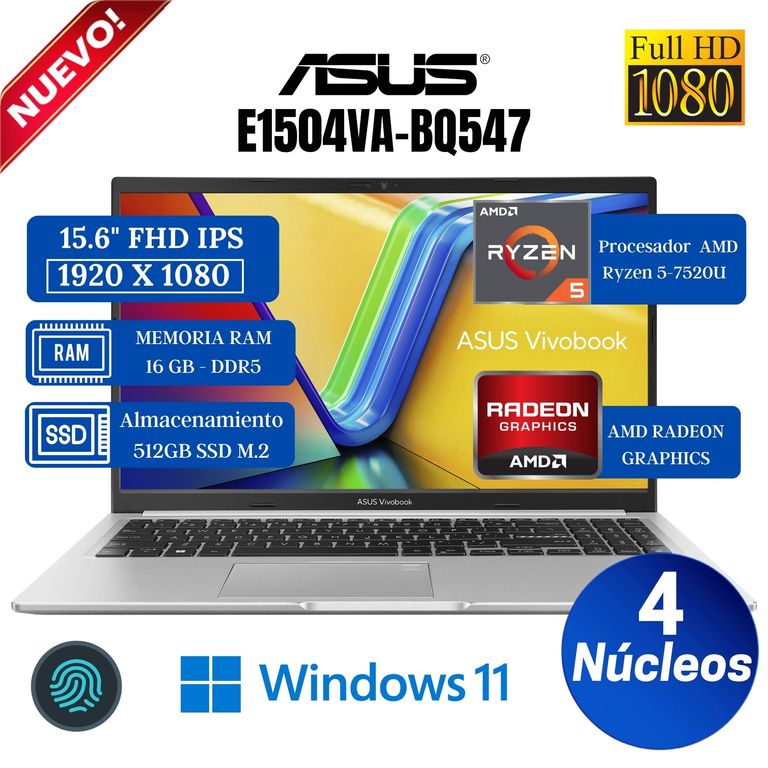 Laptop Vivobook E1504FA-BQ547 15,6" FHD, AMD Ryzen 5-7520U, Ram 16GB, SSD 512GB, Win 11