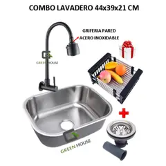 IMPORTADO MC - COMBO DE LAVADERO 44x39x21cm ACERO + GRIFERIA NEGRO ACERO INOXIDABLE