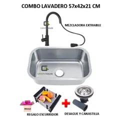 GENERICO - COMBO DE LAVADERO 57x42x21cm ACERO + MEZCLADORA NEGRA EXTRAIBLE