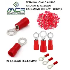 GENERICO - TERMINAL OJAL ROJO AISLADO 22 A 16AWG 0.5-1.5MM2 OJO 1/4" 100UND