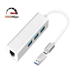 OEM - Adaptador Tipo C o USB 3.0 a RJ45 LAN 1000 Mbps + 3 Puertos USB 2.0