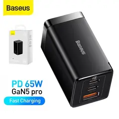 BASEUS - Cargador Rápido GaN5 Pro 65W con 2 puertos Tipo-C USB - Negro