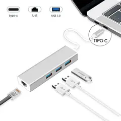 OEM - Adaptador HUB ALUMINIO Tipo C a RJ45 LAN + 3 Puertos USB 3.0