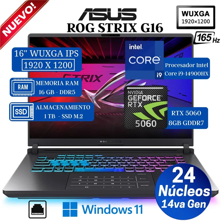Laptop ROG STRIX G16 G615JMR-RV017W 16" WUXGA IPS, Core i9-1900HX, Ram 16GB, Ssd 1 TB, Rtx 5060