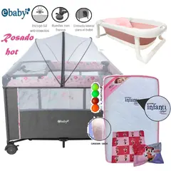 EBABY - Cuna corral NALA Rosado y Colchón Rosado+ Tina
