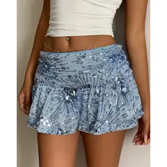 GENERICO - Mini Falda Short Globo Lentejuelas Bordadas Ibiza - Tiro Bajo