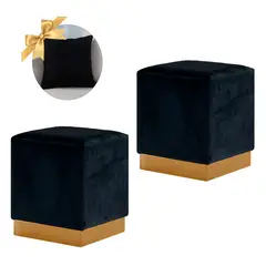 GENERICO - 2 Puff Cuadrado Lisa con Base Metálica Negro + 1 Cojín