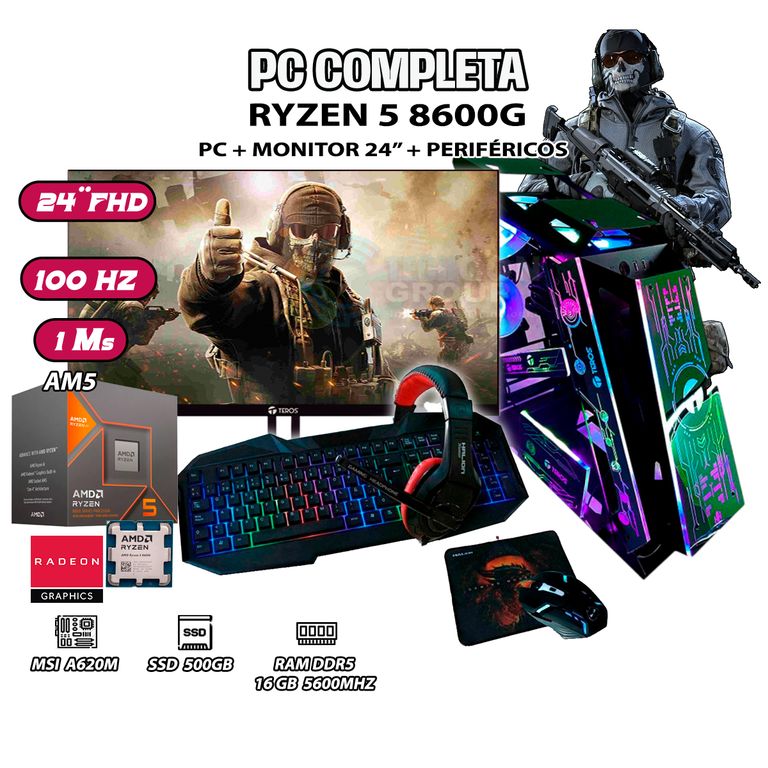 Computadora PC Completa Ryzen 5 8600G RAM DDR5 16GB SSD 500GB SSD MONITOR 24"