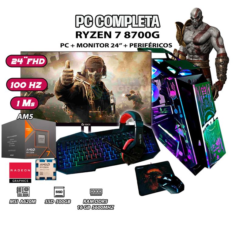 Computadora Completa Robot Ryzen 7 8700G RAM DDR5 16GB SSD 500GB SSD MONITOR 24"