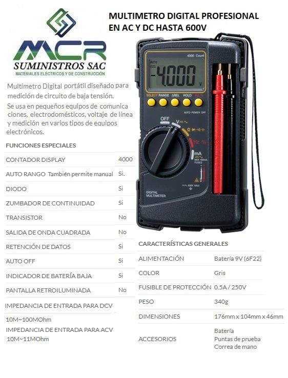 MULTIMETRO DIGITAL PROFESIONAL EN AC Y DC HASTA 600V