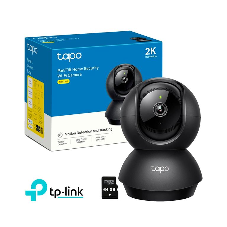 Cámara de Seguridad Tp-Link Tapo C211 2K 3MP Wi-Fi Gira 360 + Micro SD 64GB