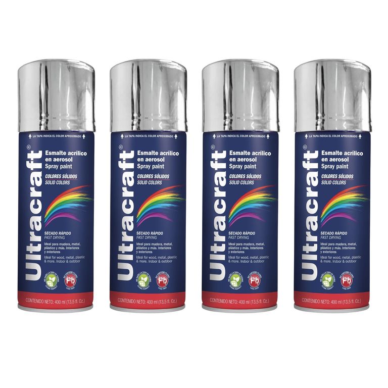 Pintura spray color cromado aluminio metalico brillante, 4 UNIDADES ULTRACRAF