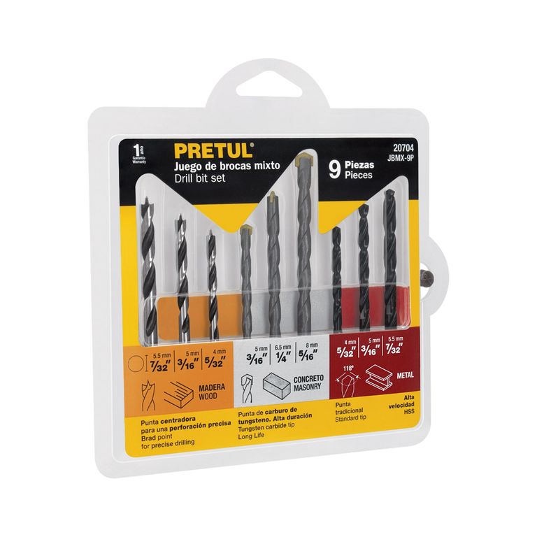 Broca 9 Unidades Juego Fierro Metal + Concreto y Madera 20704 Pretul