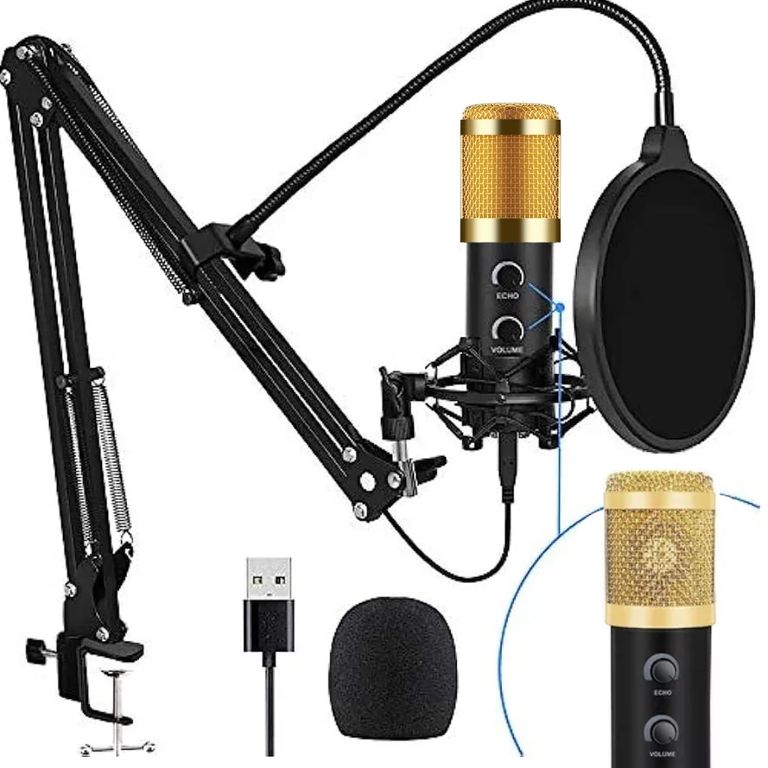 Kit Micrófono Condensador USB Estudio Podcast BM838 Negro con Dorado