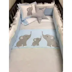 GENERICO - Set de cuna tres elefantitos diseño celeste bordado