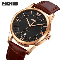 Skmei - Reloj 9261 fondo negro Correa marrón de cuero