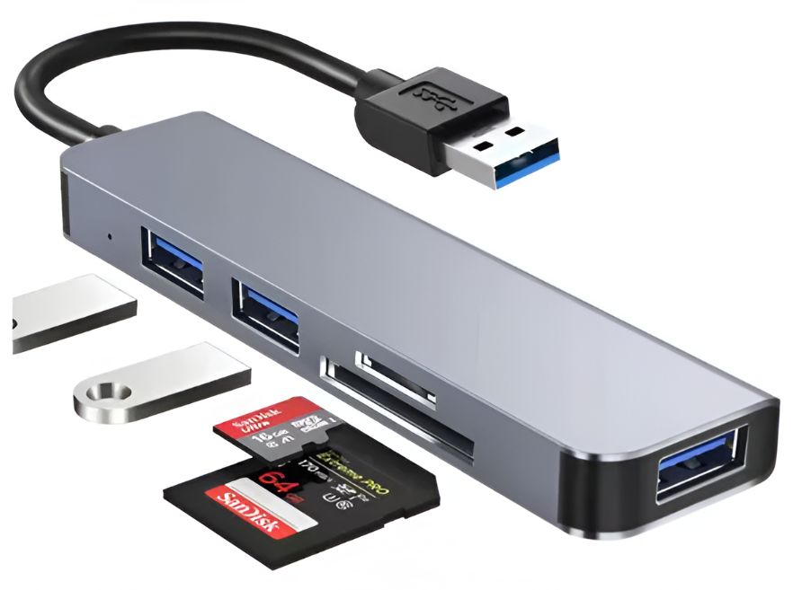 Adaptador USB - 5 en 1 a Micro SD / TF y 3 Puertos USB