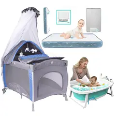 EBABY - Cuna Corral Mecedora Noa Azul con Colchon celeste + Tina