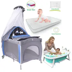 EBABY - Cuna Corral Mecedora Noa con Colchon Gris+ Tina celeste