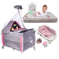 EBABY - Cuna Corral Mecedora Noa Rojo con Colchon + Tina Rosado