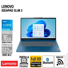 LENOVO - LAPTOP IDEAPAD SLIM3 FHD 156 INTEL COREI5-12450H RAM 16GB-LPDDR5 512GB SSD SIN SISTEMA OPERATIVO
