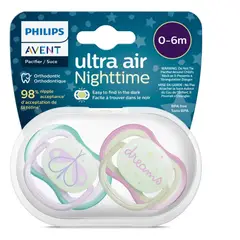 AVENT - Chupon 0 A 6 M Nocturno Ultra Aereado + Estuche-pack 2