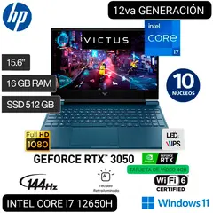 HP - LAPTOP GAMER VICTUS 15-FA0007LA	 i7 12° GEN. 15.6" FHD IPS 144Hz 16GB 512GB SSD RTX 3050 4GB W11