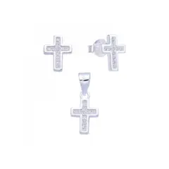 SANTORAL - Juego de Aretes y Dije Cruz con Brillos - Plata