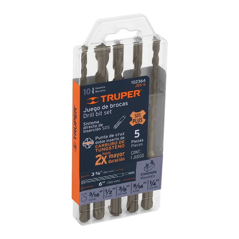 Broca 5 Uni Juego para Concreto Rotomartillo SDS Plus 102364 Truper