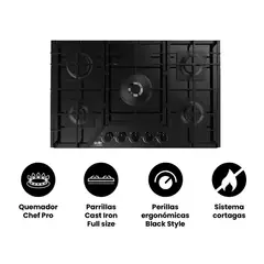 SOLE - Encimera Vidrio Templado A Gas 76 Cm S-Collection 5 Hornillas