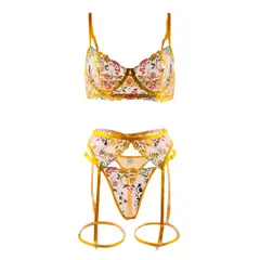 GENERICO - Sexy lencería transparente conjunto de 3 partes con encaje