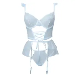GENERICO - Sexy lencería transparente con encaje y cadenas - 3 piezas - Celeste