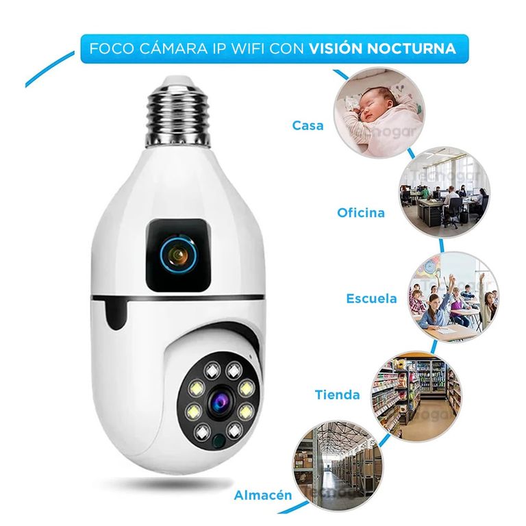 Foco Cámara de Seguridad IP WiFi Doble Lente Giratoria 360° y Estática