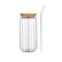 MOLAND - 2 Vasos acanalados con tapa de bambú y cañita de vidrio