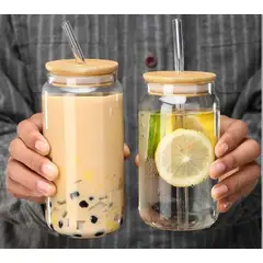 GENERICO - Pack x 2 Vasos de Vidrio con Tapa de Bambu y Sorbete 500ml