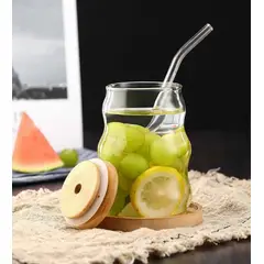 GENERICO - Vaso de Vidrio Ondulado con sorbete y Tapa de Bambu 500ml