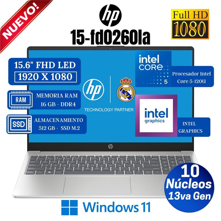 Laptop 15-fd0260la 15.6" FHD, Core 5-120U, Ram 16GB, Ssd 512GB, Win 11 Pro