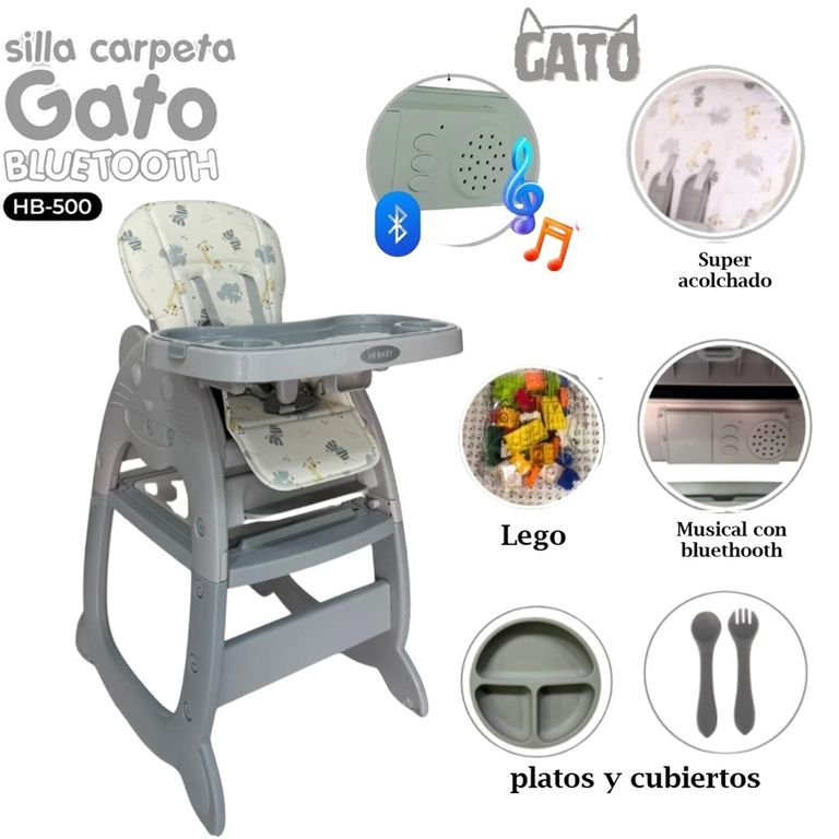 Silla Carpeta de Comer 3 en 1 de Bebe Gato Plomo