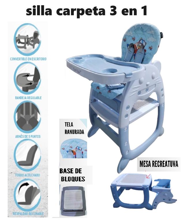 Silla Carpeta de Comer 3 en 1 de Bebe Gato Celeste
