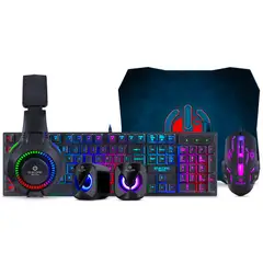 ENKORE - Kit Gamer 5 en 1 Bravio con Luces LED – Teclado + Mouse + Audífono + Parlantes + Mousepad