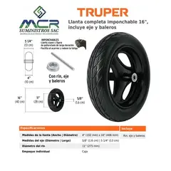 TRUPER - Llanta completa imponchable 16 incluye eje y baleros para carretillas