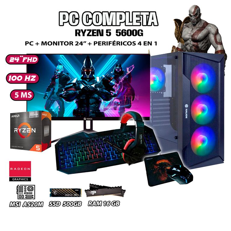 Computadora Completa Ryzen 5 5600G RAM 16GB DISCO 500GB SSD MONITOR 24" FHD
